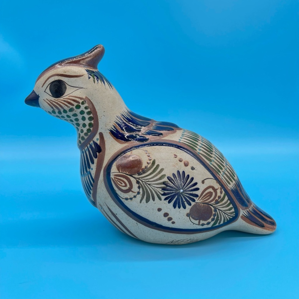Vintage Tonala Mexican Pottery Folk Art Quail Bird Figurine Heavy Signed Mateos